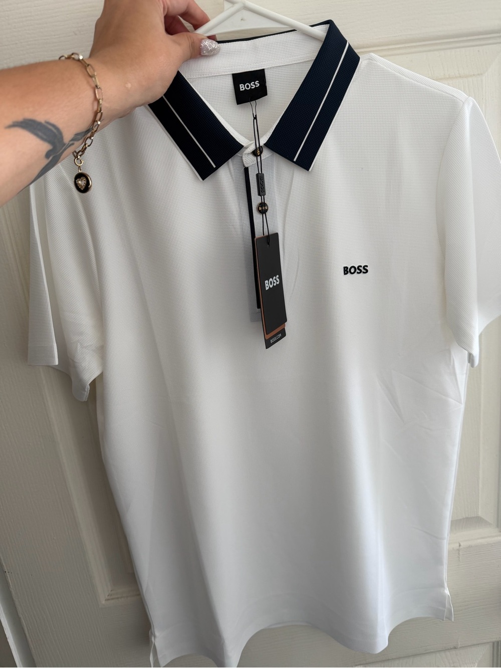 BOSS White Polo with Navy Contrast Collar
